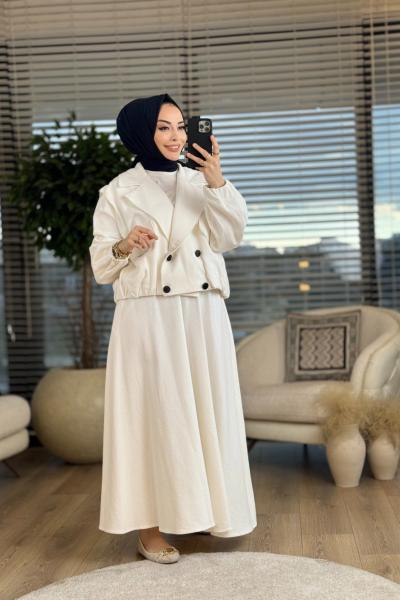 10432 Ön Dört Düğme Ceket Etekli Takım Ekru