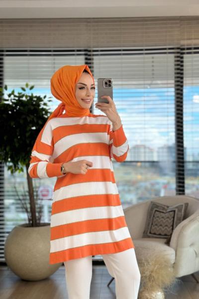10549 Enine Kalın Çizgili Triko Tunik Oranj