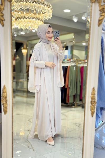 10614 Üst Şifon Omuzları Taş İşli 2li Takım Bej