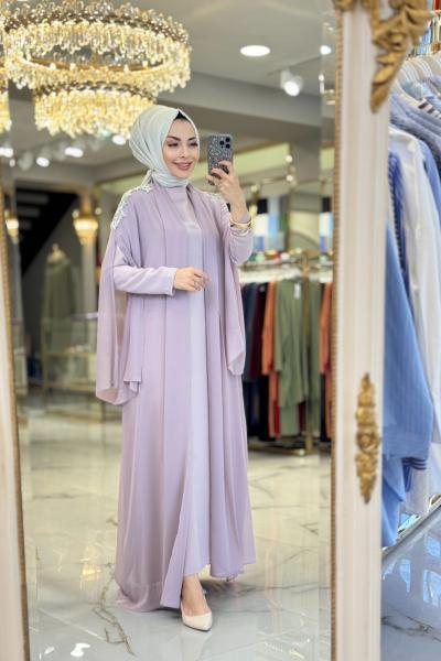 10614 Üst Şifon Omuzları Taş İşli 2li Takım Lila