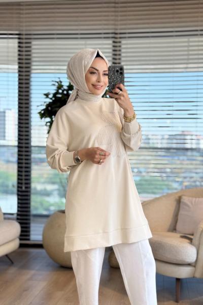 10627 Sağ Göğüs Çiçek İşli Tunik Bej