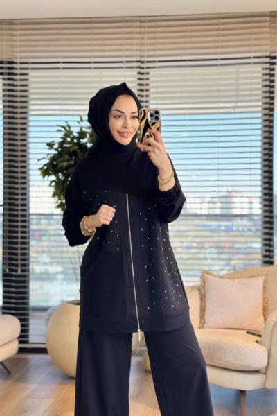 10679 Önü Petek Desen Parçalı Fermuarlı Tunik Siyah