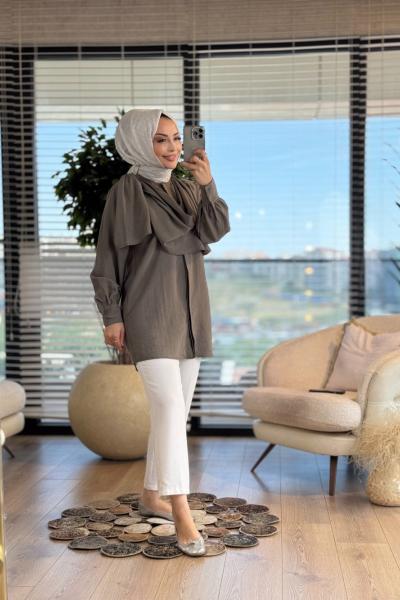 10689 Yakası Şal Parçalı Gömlek Haki