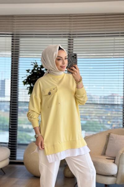 10720 Etek Ucu Çizgi Parçalı Tunik Sarı