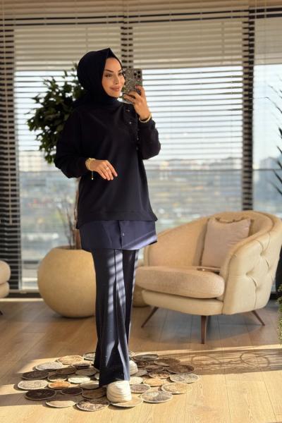 10739 Sağ Omuz Nakış Ve Taş İşlemeli Tunik Lacivert