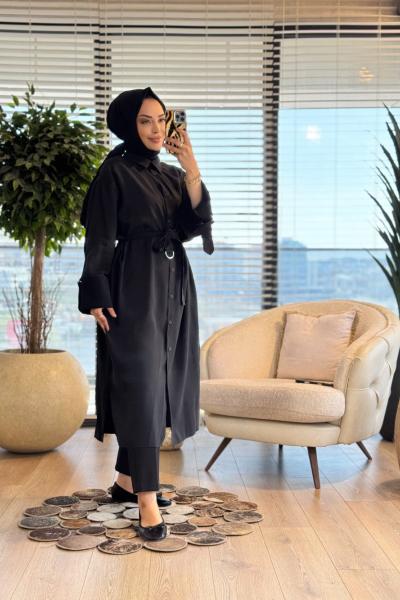 10753 Manşeti Kuşaklı Uzun Ön Düğmeli Tunik Siyah