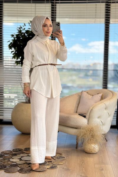 10768 Keten Paçası Parça Detaylı Takım Ekru