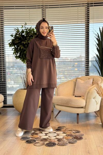 10678 Ön Parça Ve Fermuar Detaylı Tunik Kahve