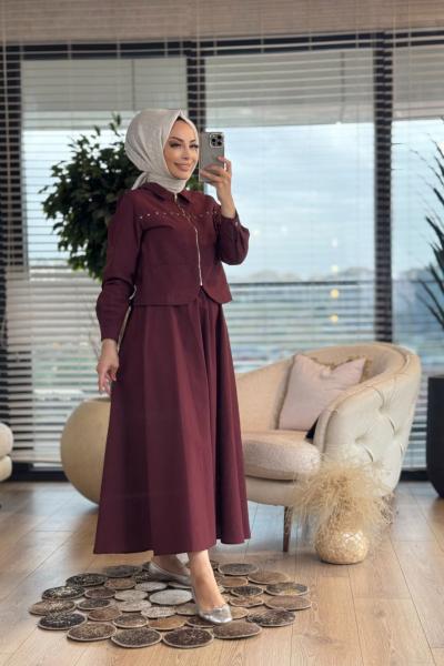 10786 Robası Zımbalı Etekli Takım Bordo