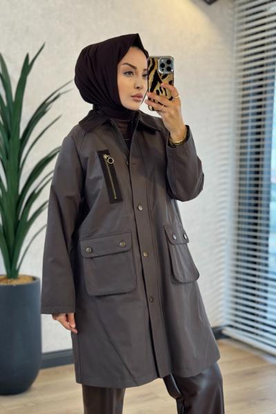 10871 Yakası Kadife Önü Cepli Kaban Kahve