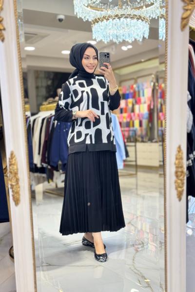 11130 Üst Geometrik Desenli Pilise Etekli Takım Siyah Gri