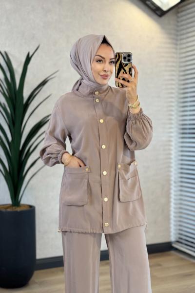 11249 Ön Torba Cepli Metal Düğmeli Takım Vizon