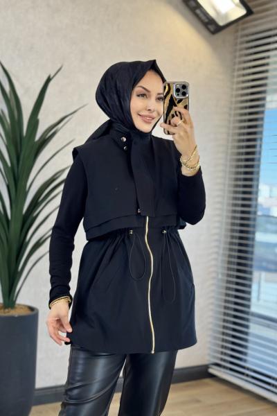 11284 Önü Parça Detaylı Fermuarlı Yelek Siyah