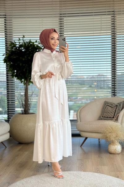 1166 Patı Taşlı Düğmeli Elbise Ekru