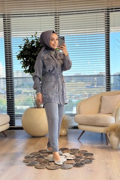 1204 Önü Kendinden Desenli Takım Antrasit