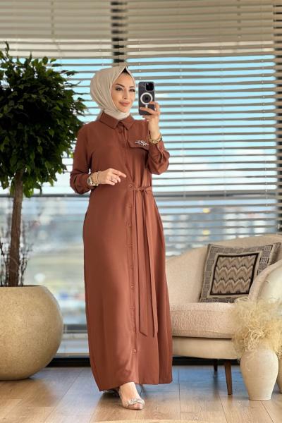 12504 Yand.Bağlamalı Cep Kapağı Taş İşlemeli Elbise Kahve