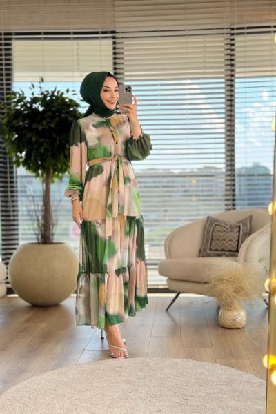 12540 Şifon Batik Desenli Ön Düğmeli Elbise Benetton