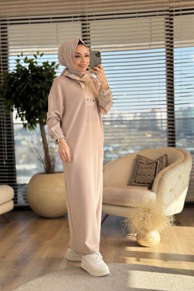 12593 Patı İki Sıra Çıtçıtlı Elbise Bej
