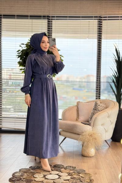 12598 Kemerli Uzun Elbise Lacivert
