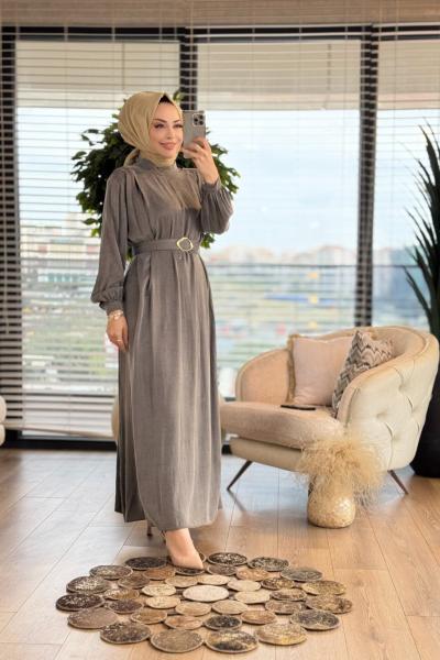 12598 Kemerli Uzun Elbise Haki