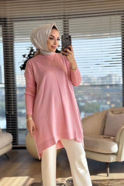 127 Kolları Lastik Örgü Triko Tunik Pembe