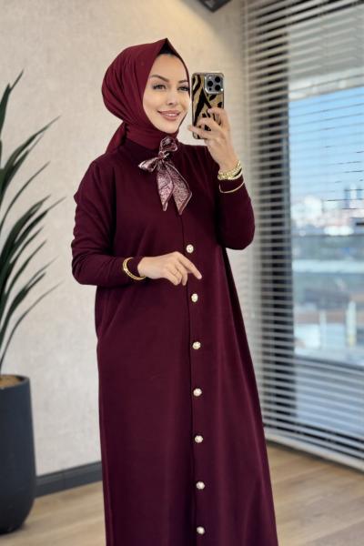 132 Fularlı Düğmeli Uzun Hırka Bordo