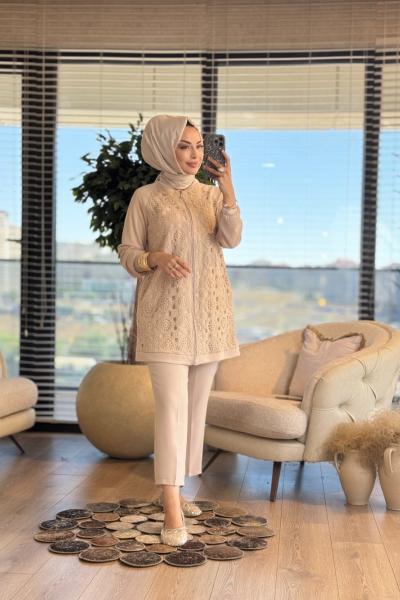 14-1108 Önü Dantel Detaylı Fermuarlı Ceket Bej