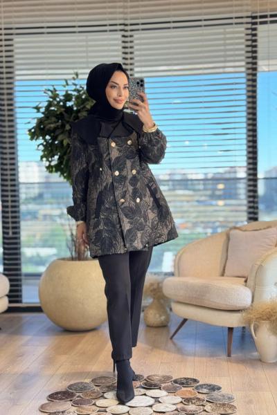 14-1159 Kabartma Desenli Altı Düğmeli Ceket Vizon