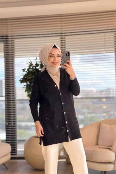 140464 Pullu Korsman Hırka Siyah