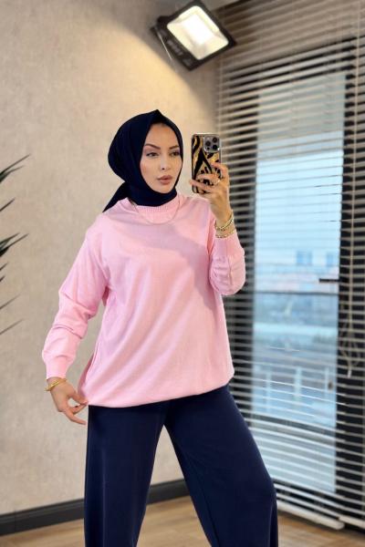 140470 Sıfır Yaka Triko Tunik Pembe