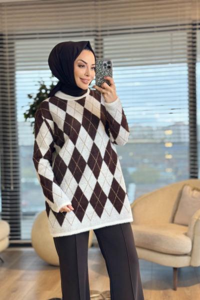 140542 Baklava Desenli Simli Tunik Ekru Kahve