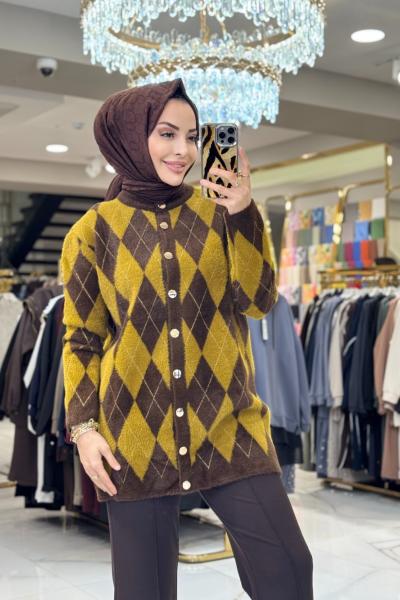 140588 Baklava Desen Simli Uzun Hırka Yağ Yeşili