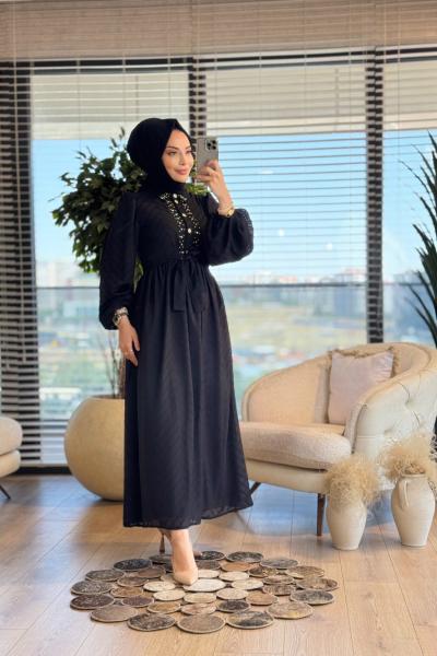 1412 Şifon Zikzak Desenli Patı Taşlı Elbise Siyah