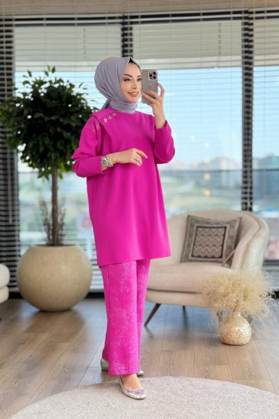 14208 Pantolon Varak Detaylı Takım Fuşya