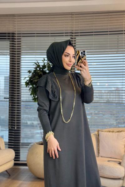 143 Omzu Dantel Detaylı Triko Elbise Haki