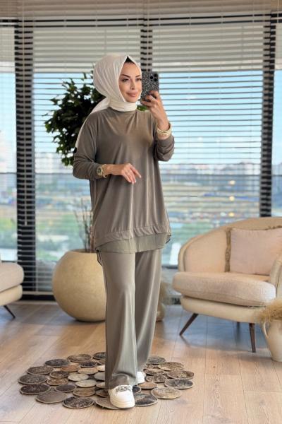 14352 Etek Ucu Şifonlu Takım Haki