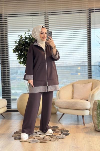 14383 Etek Ucu Ve Manşeti Çizgili Takım Kahve