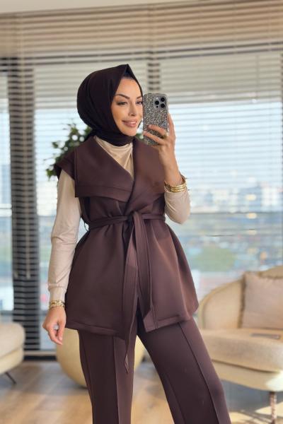 14398 Üst Yelek Yaka Ve Kolu Dikişli Takım Kahve