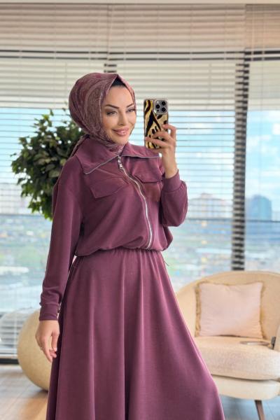 14440 Ön İki Cepli Fermuarlı Etekli Takım Bordo