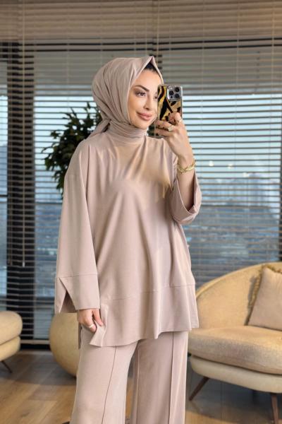 14457 Etek Ucu Parça Yırtmaçlı Takım Bej