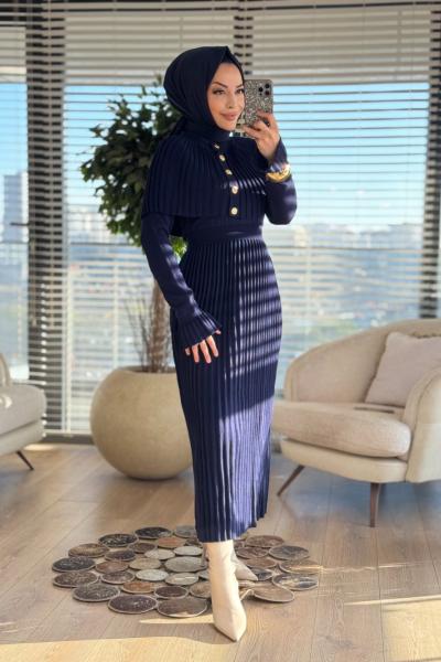 14502 Gold Düğmeli Triko Elbise 2li Takım Koyu Lacivert