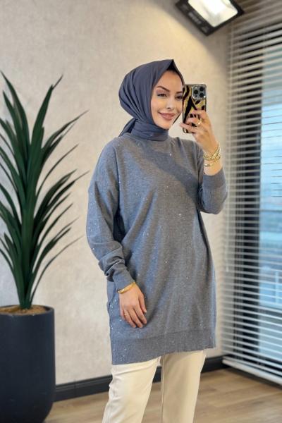 145117 Pul Detaylı Triko Tunik Gri