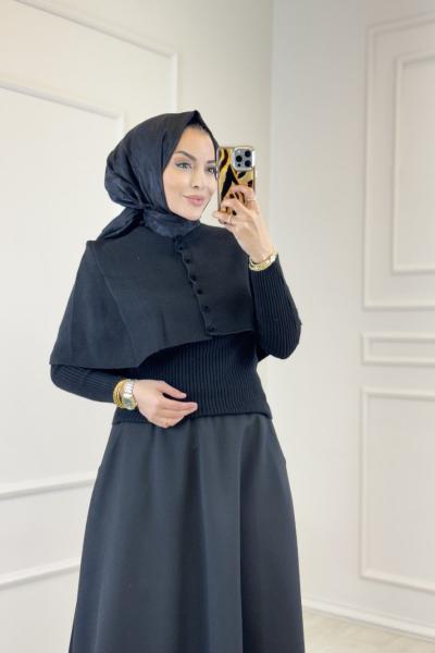 146037 Düğmeli Triko Panço İkili Bluz Takım Siyah