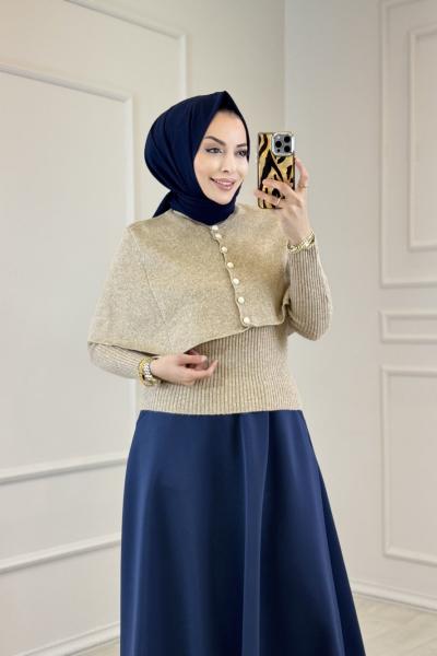 146037 Düğmeli Triko Panço İkili Bluz Takım Bej
