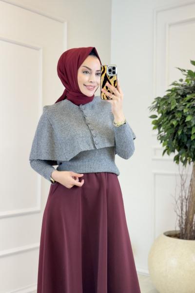 146037 Düğmeli Triko Panço İkili Bluz Takım Gri