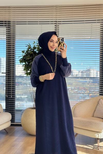 148 Ön V Dikişli Kolu Kumaş Triko Elbise Lacivert