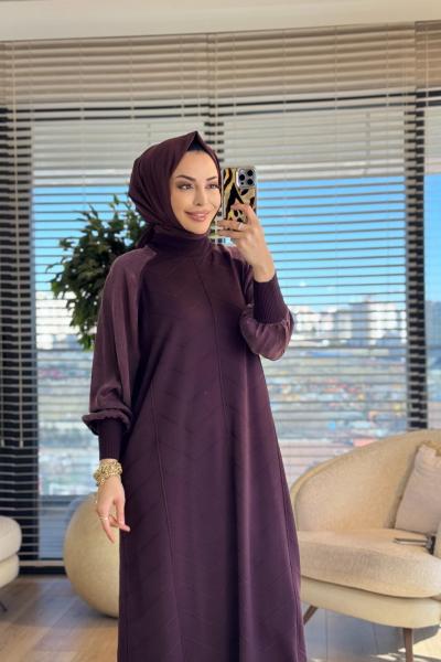 148 Ön V Dikişli Kolu Kumaş Triko Elbise Mürdüm