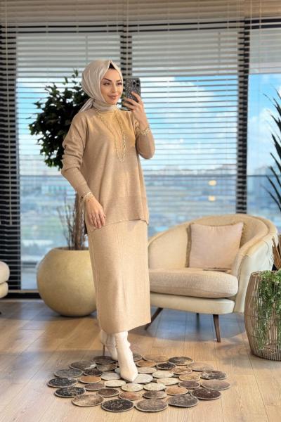 14900-1 Ön Tek Çizgili Triko Etekli Takım Latte