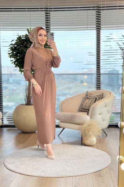 1505 Piliseli Kemerli Elbise Latte