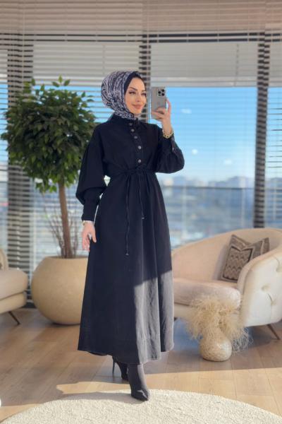1511 Kot Patı Düğmeli Elbise Siyah